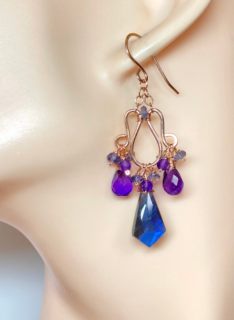 Blue Labradorite and Amethyst Handmade Chandelier Earrings, Rose Gold Fill