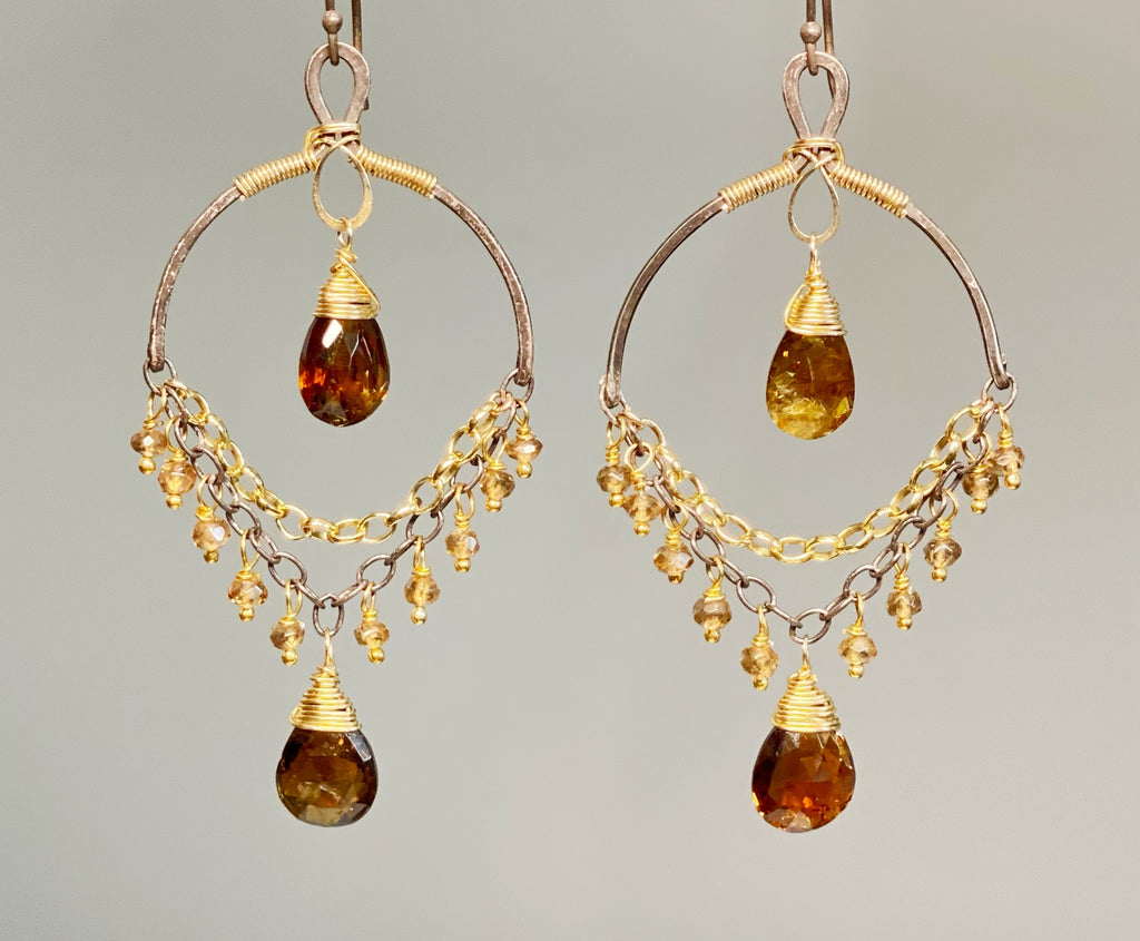 Dravite Tourmaline and Oxidized Silver Gold Earrings