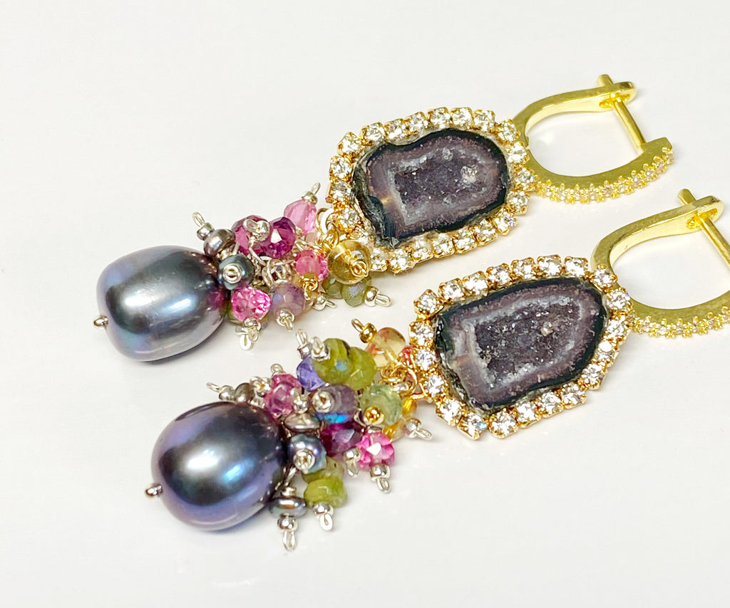 Tabasco Geode Earrings with Peacock Pearls and Gemstone Clusters