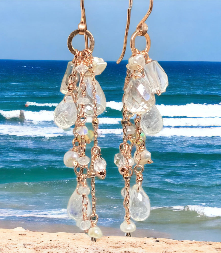 Rose Gold Boho Dangle Earrings with Mystic Quartz & Moonstone