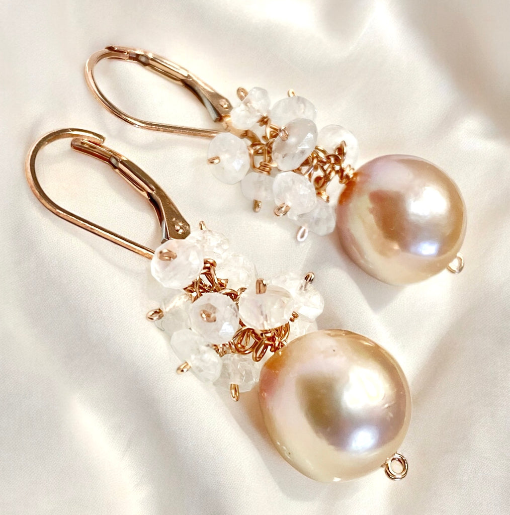 Pink Blush Pearl and Moonstone Cluster Earrings Rose Gold