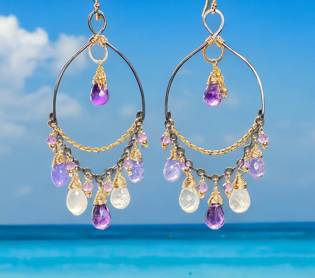 Mixed metal hoop chandelier earrings with amethyst and tanzanite