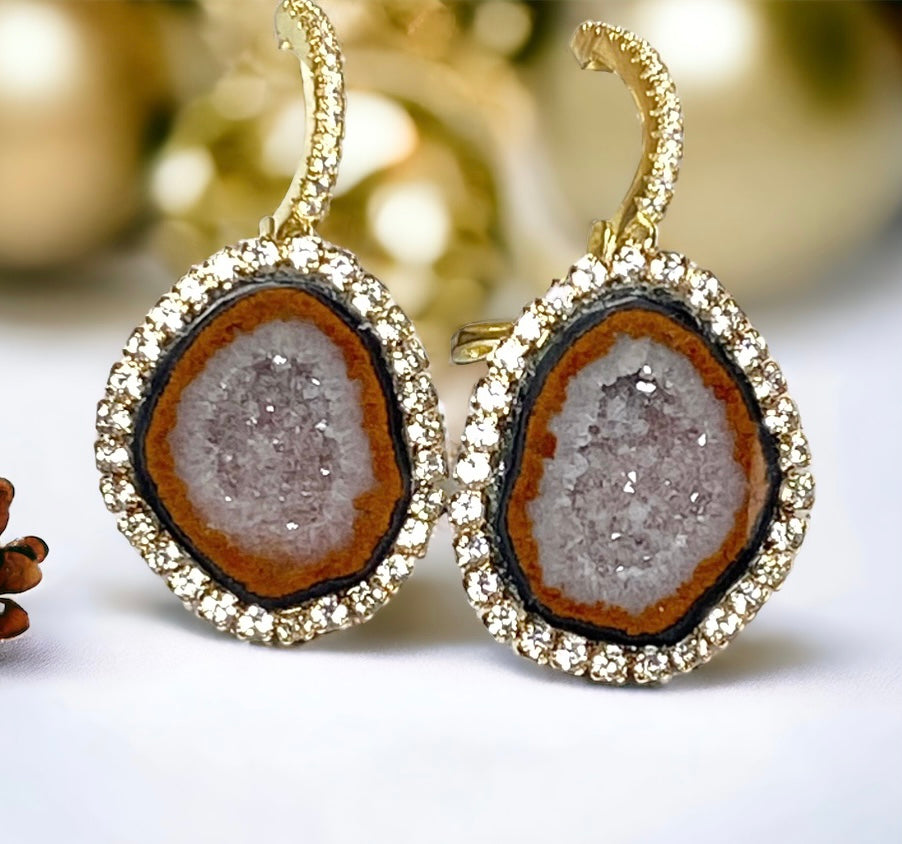 Grey Russet Tabasco Geode Druzy Earrings Diamond Style Dangle Earrings