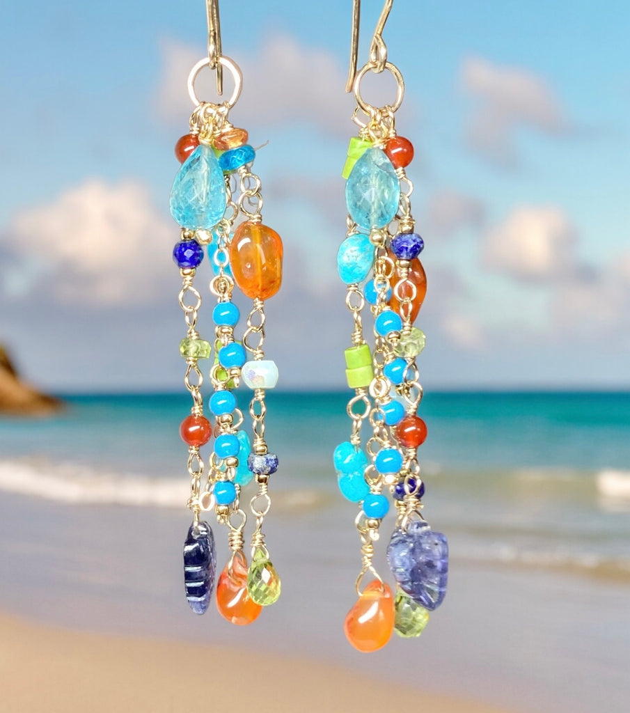 Multi Gemstone Dangle Earrings Blue, Green Turquoise, Carnelian, Peridot, Gold Filled