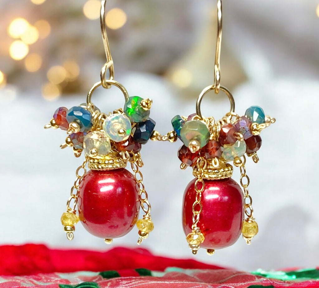 Red Pearl, Opal and Garnet Cluster Earrings Gold Fill