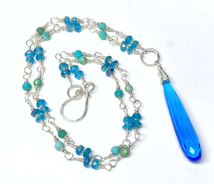 Dainty Necklace Wire Wrap Rosary Style: Swiss Blue Quartz Pendant, Blue Green Gems, Sterling Silver
