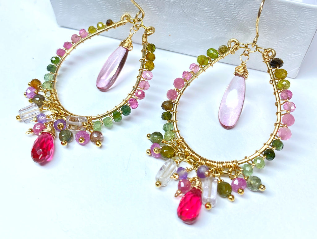 Tourmaline Gemstone Gold Fill Hoop Chandelier Earrings