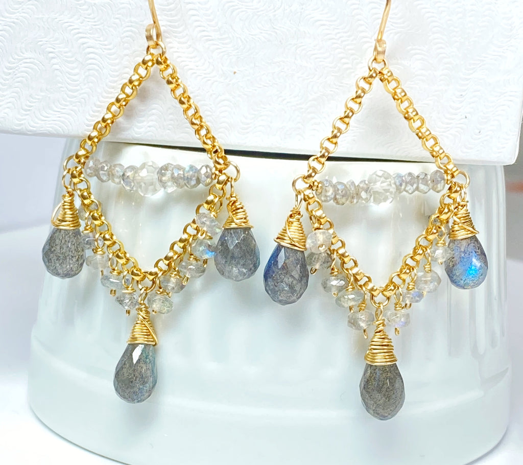 Labradorite Chandelier Earrings Gold Fill