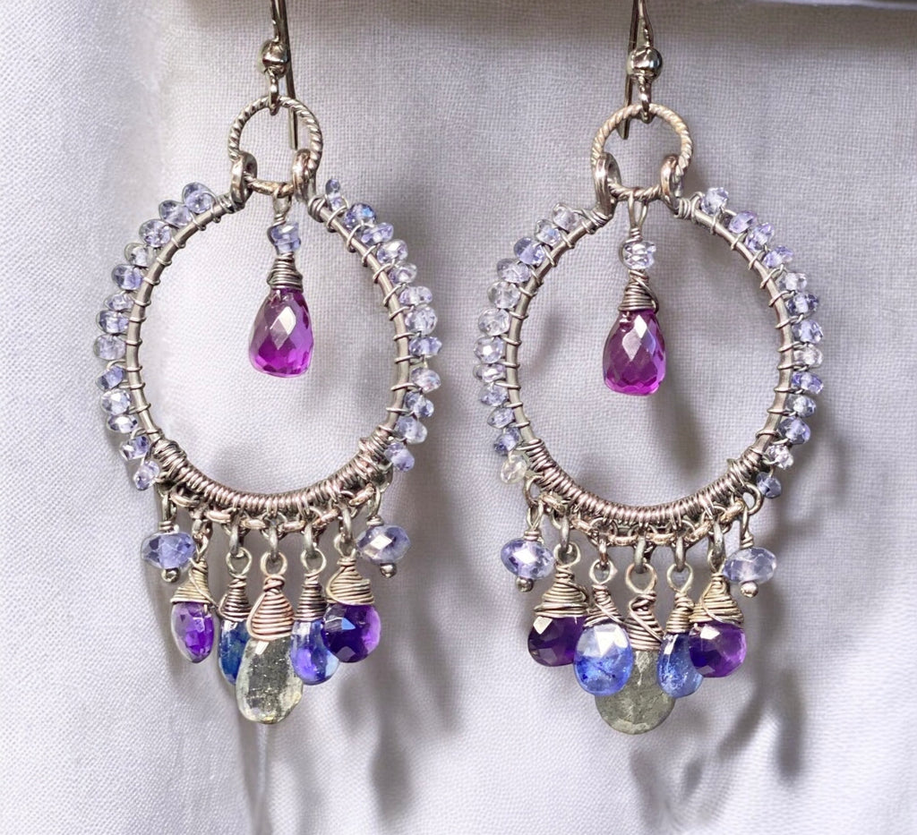 Blue Violet Sterling Silver Hoop Chandelier Earrings Iolite, Kyanite, Amethyst, Labradorite