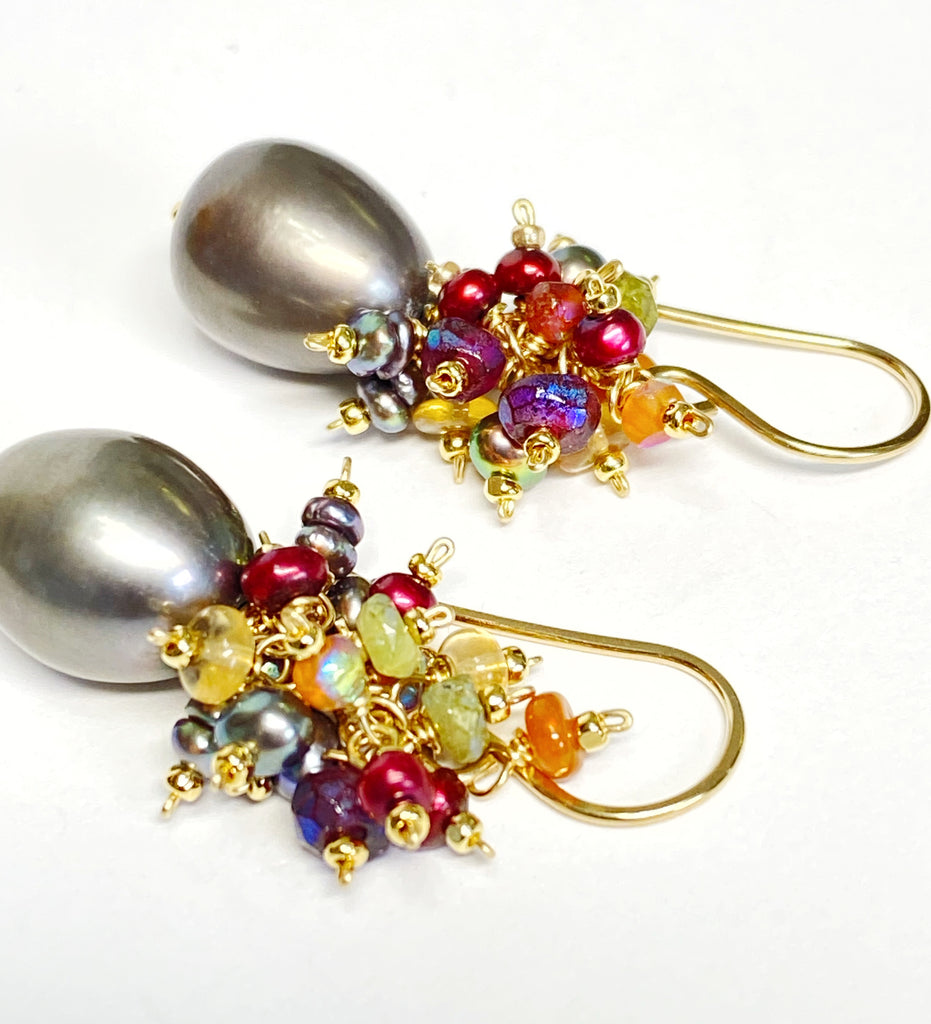 Grey Pearl Earrings with Colorful Gemstone Clusters in 14 kt Gold Fill