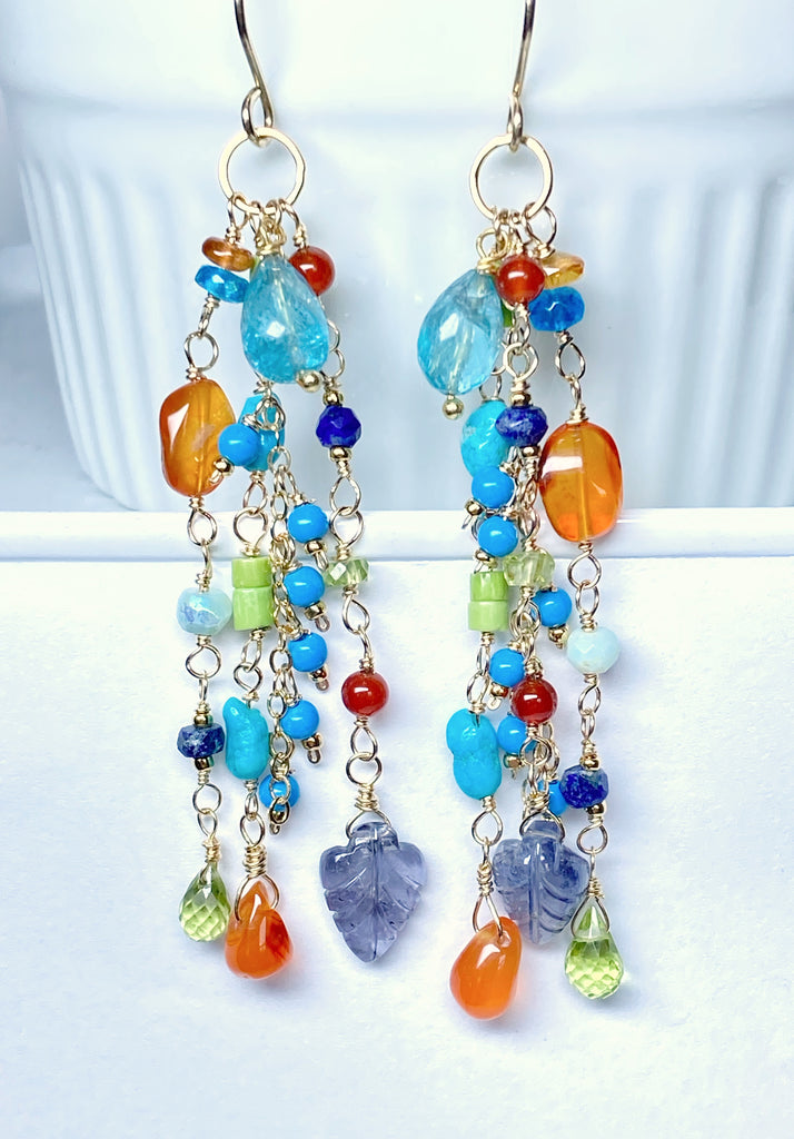 Multi Gemstone Dangle Earrings Blue, Green Turquoise, Carnelian, Peridot, Gold Filled