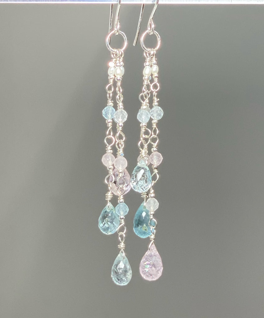 Aquamarine Gem Dangle Earrings, Sterling Silver, Long Tassel Style