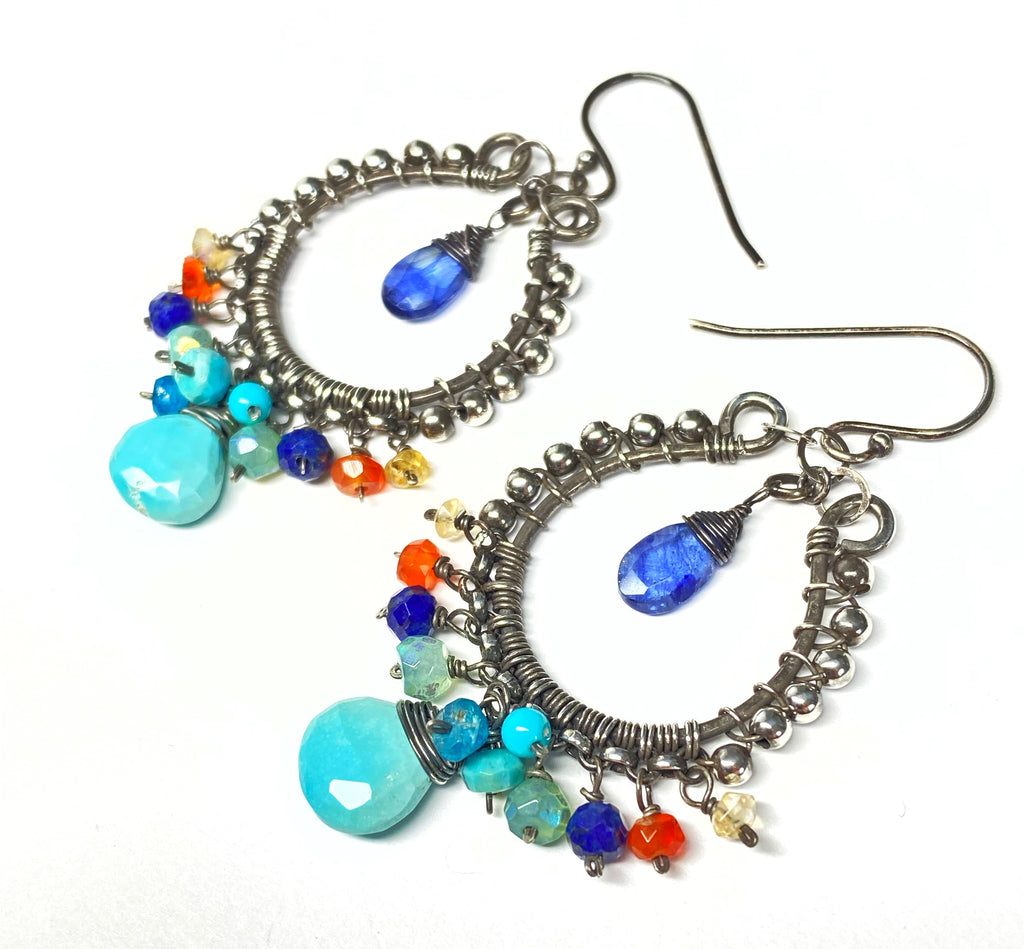 Sleeping Beauty Turquoise Chandelier Earrings, Multi Gemstone, Oxidized Sterling Silver, Handmade