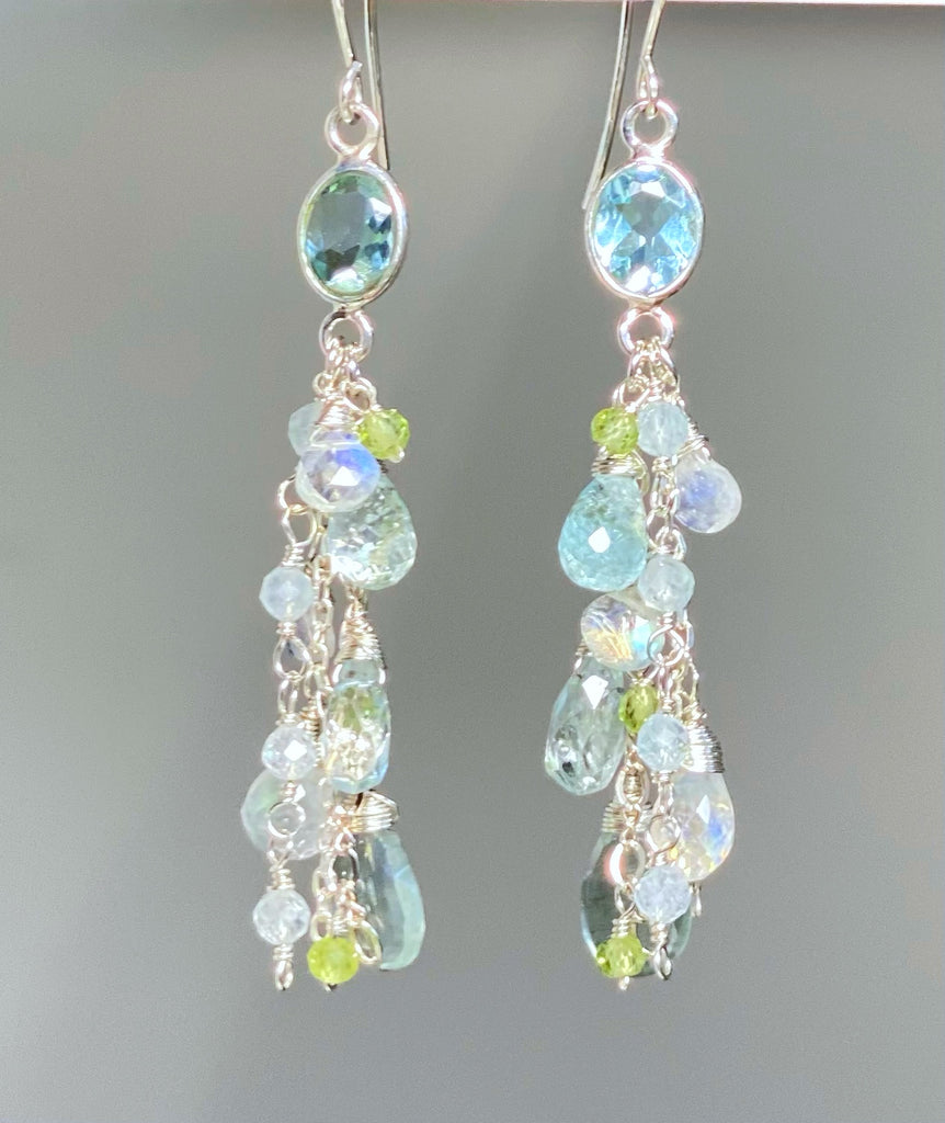 Blue Topaz, Peridot Long Gem Dangle Earrings Sterling Silver