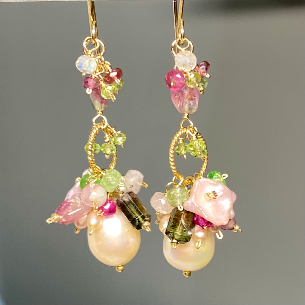 Pearl Cluster Cluster Earrings, Pink Green Tourmaline