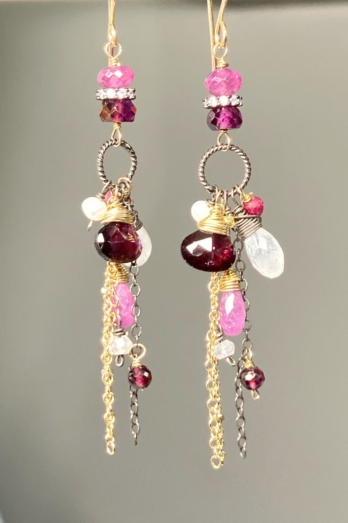 Red Gem Long Boho Dangle Earrings Mixed Metal with Garnet, Sapphire and Moonstone