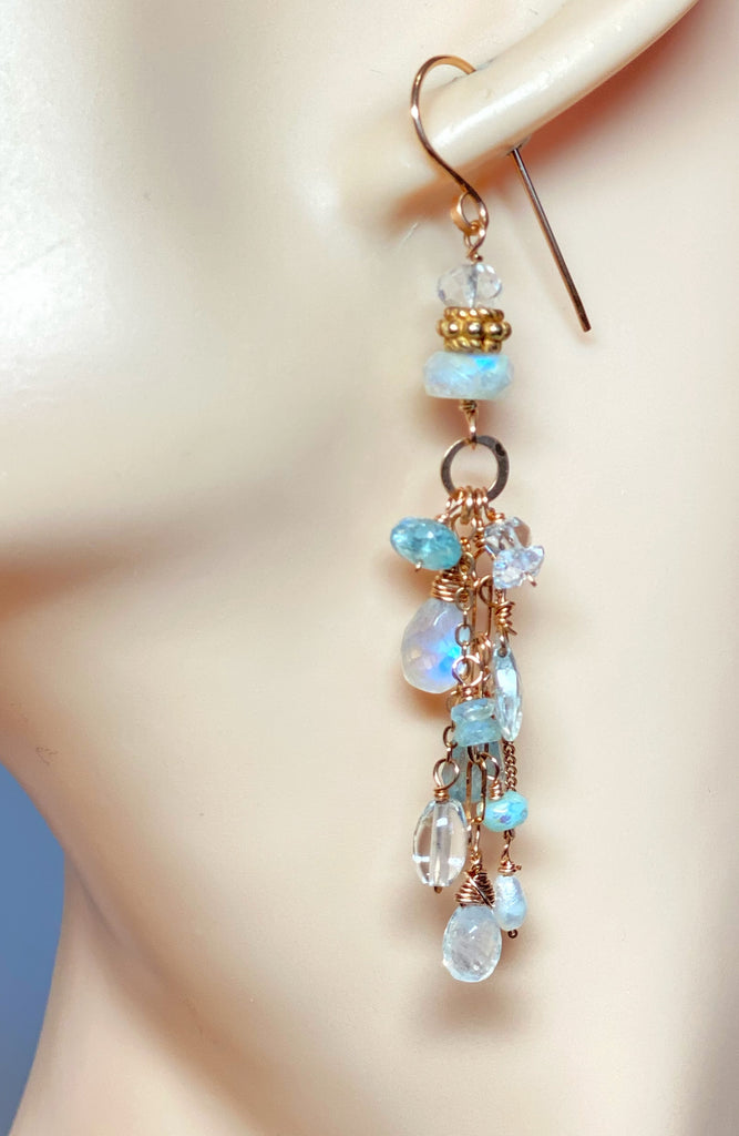 Rose Gold Rainbow Moonstone and Blue Gem Dangle Earrings