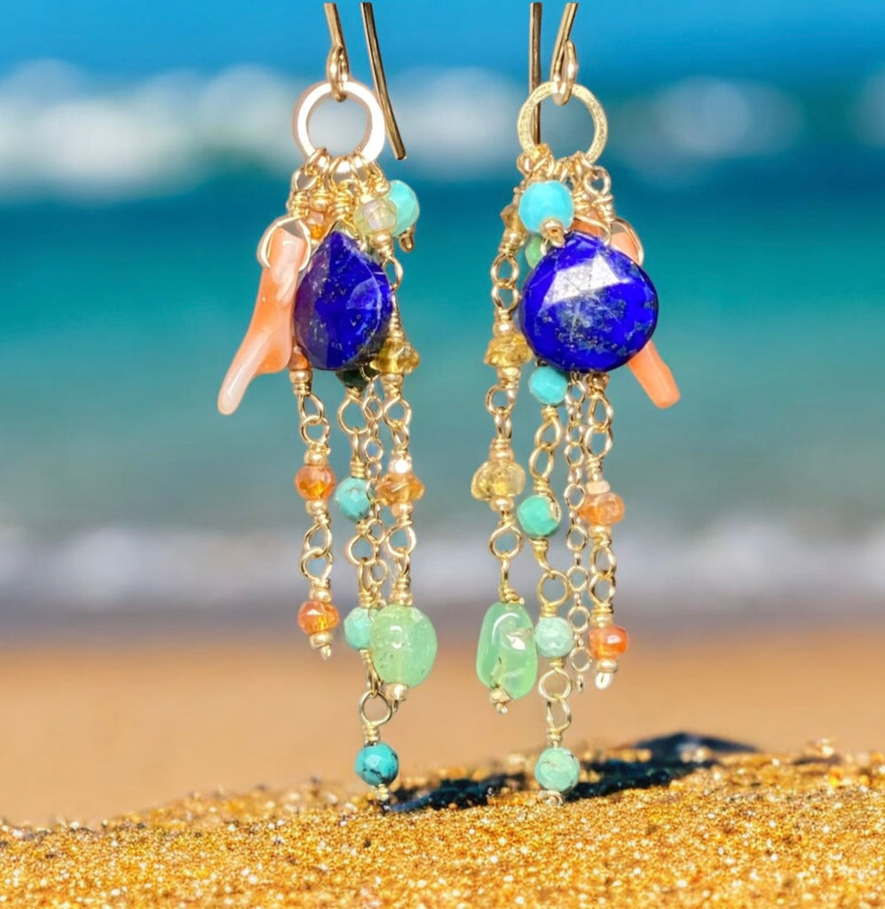 Blue Lapis Dangle Earrings Boho Style with Coral, Chrysoprase, Turquoise, Carnelian Gold Fill