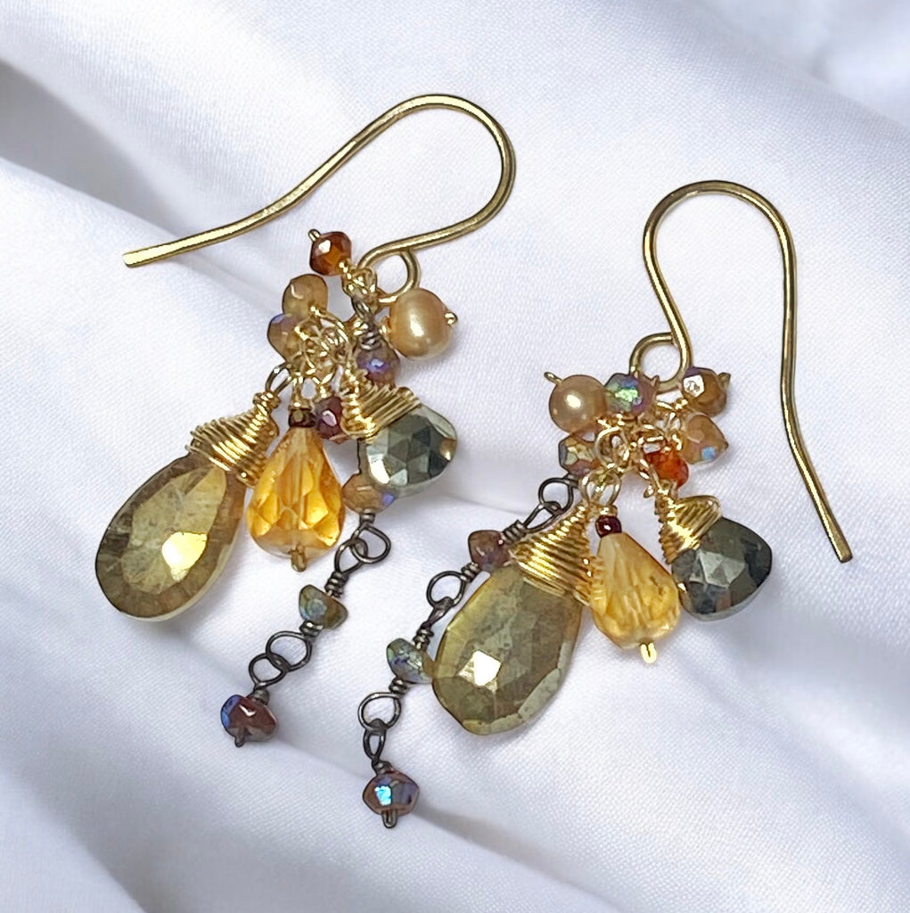 Gold Gemstone Sparkly Dangle Earrings