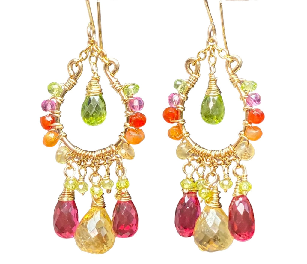 Colorful Gemstone Chandelier Earrings:  Peridot, Citrine, Fuchsia Pink Quartz, Gold Fill