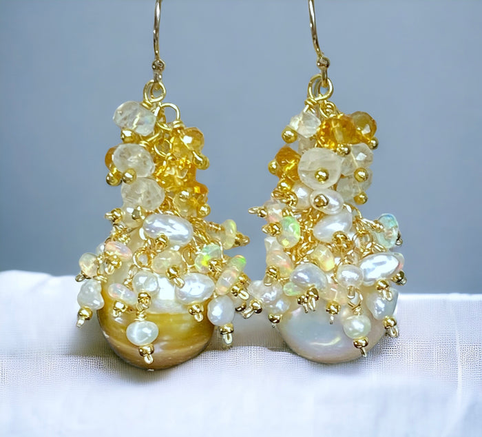 Baroque Gold and White Pearl Cluster Earring with Citrine, Opal, Moonstone 2