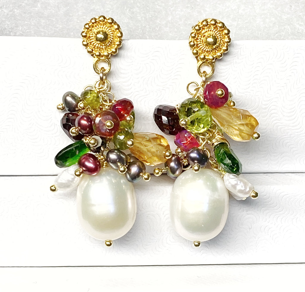 Multi-color Gemstone and Pearl Cluster Gold Post Earrings