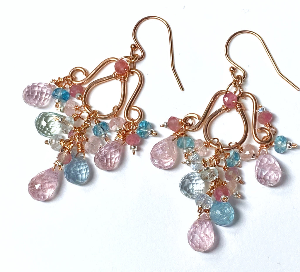 Aquamarine, Morganite Gemstone Chandelier Earrings in Rose Gold Fill