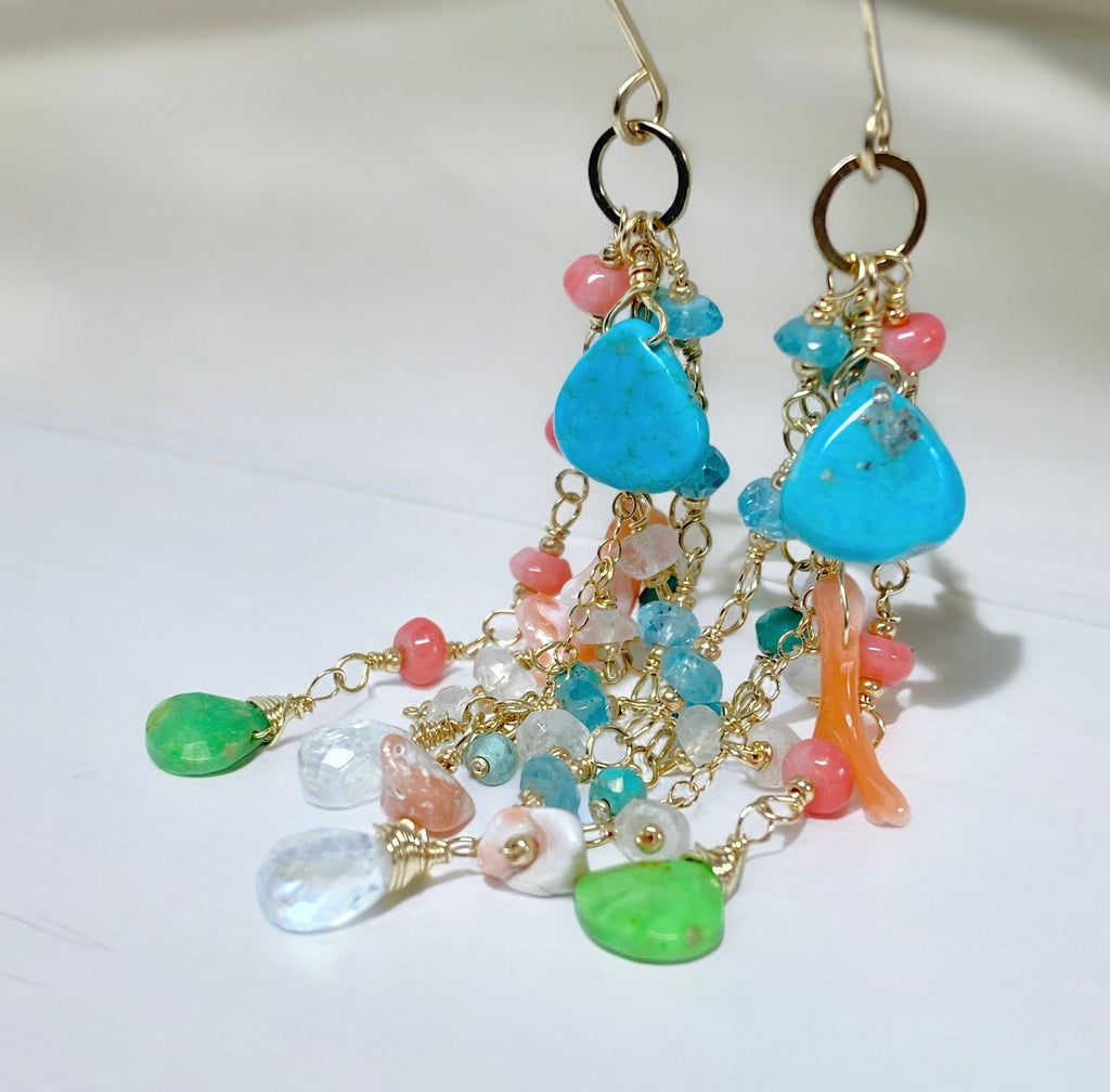 Kingman Blue and Green Turquoise, Coral, Moonstone Gemstone Dangle Earrings 2
