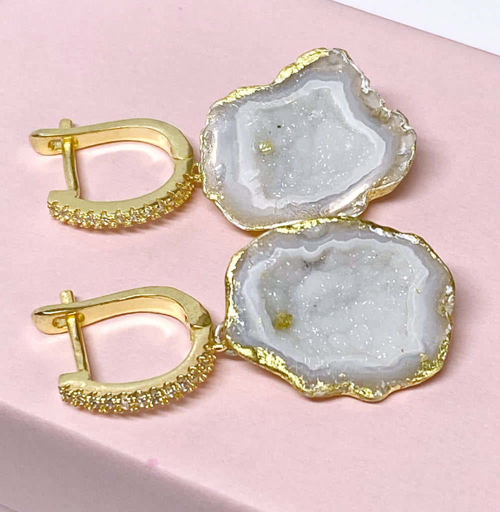 White Tabasco Geode 24 kt Gold Leaf Bridal Earrings with Long Dangling Chains
