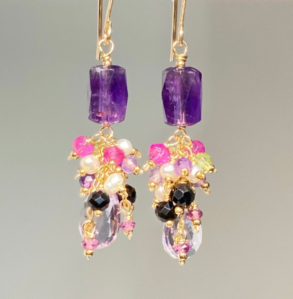 Amethyst Dangle Earrings, Multi Gemstone Cluster Earrings