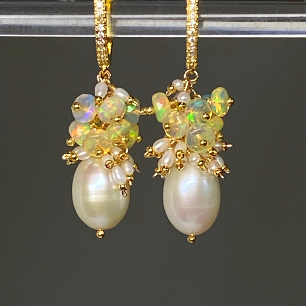 Pearl and Opal Cluster Earrings Gold