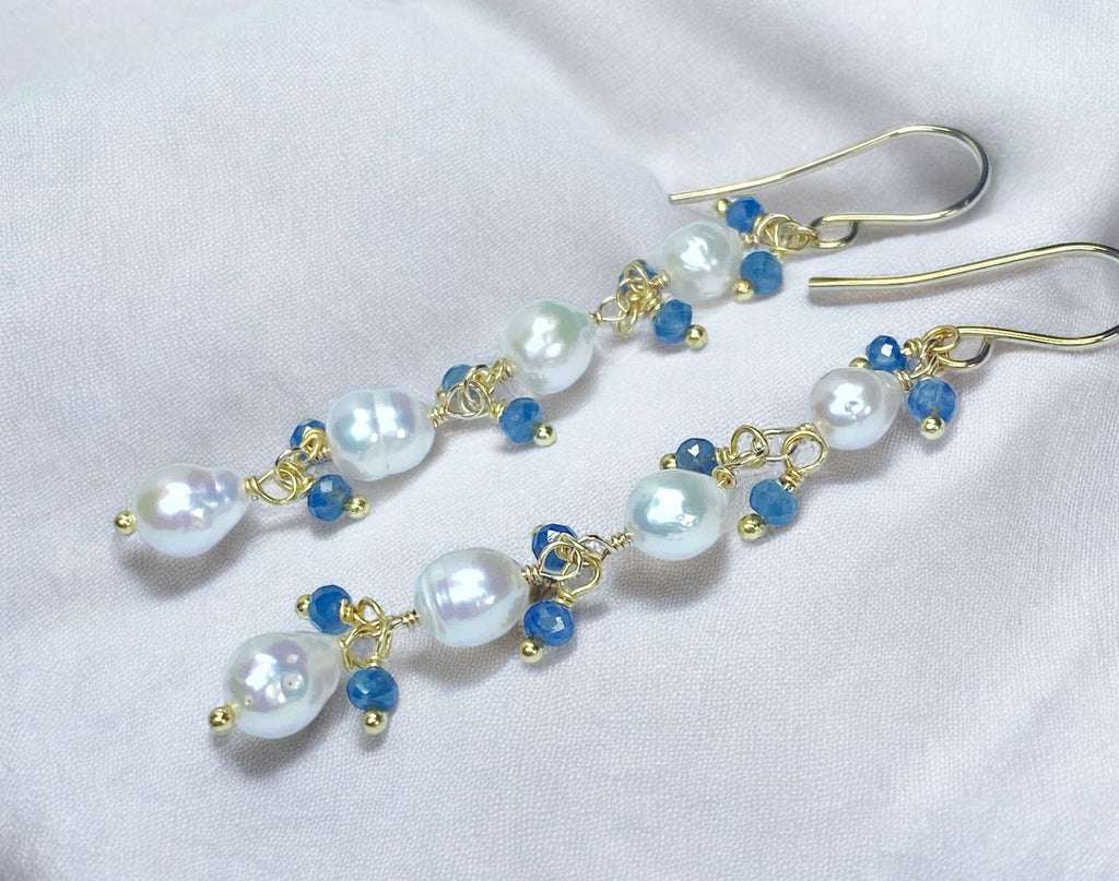 Blue Sapphire and Pearl Long Dainty Earrings Gold Fill