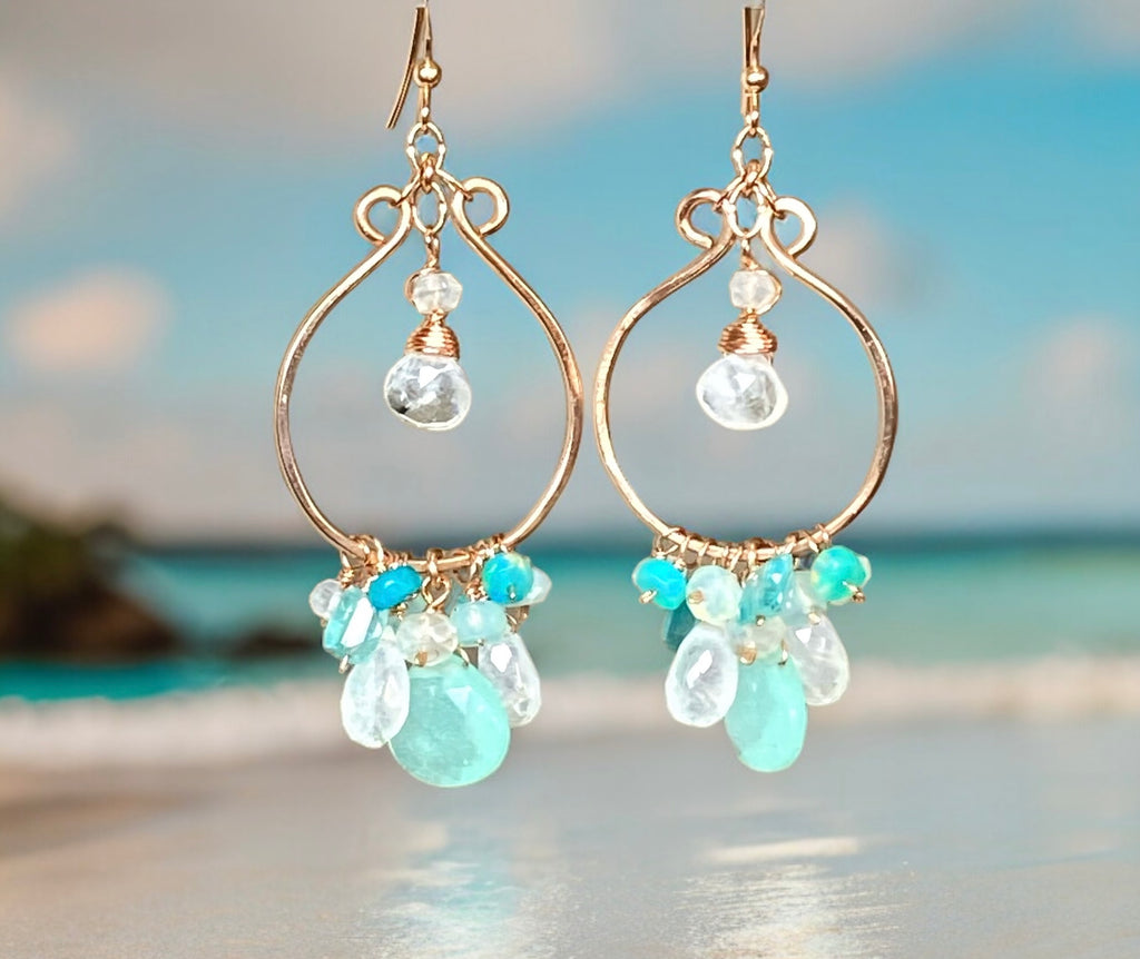 Aqua Chalcedony Rose Gold Hoop Chandelier with Opal, Moonstone, Apatite