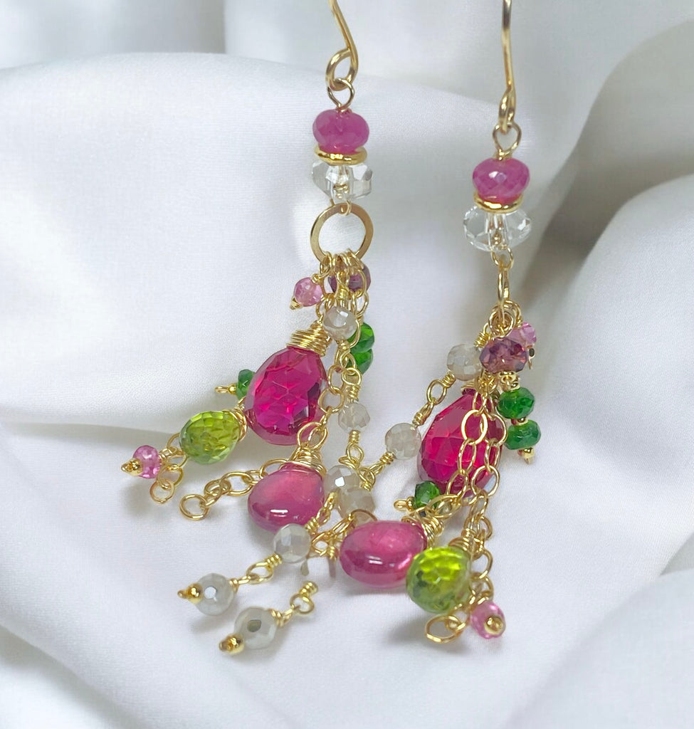 Long Gemstone Dangle Earrings - Pink Sapphire, Peridot, Ruby, Gold Fill