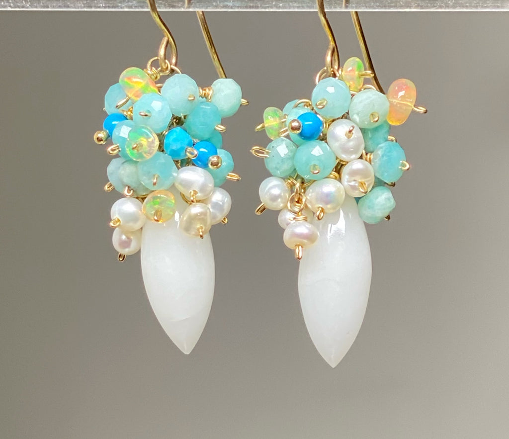 White Earrings with Amazonite Opal Pearl Clusters 2