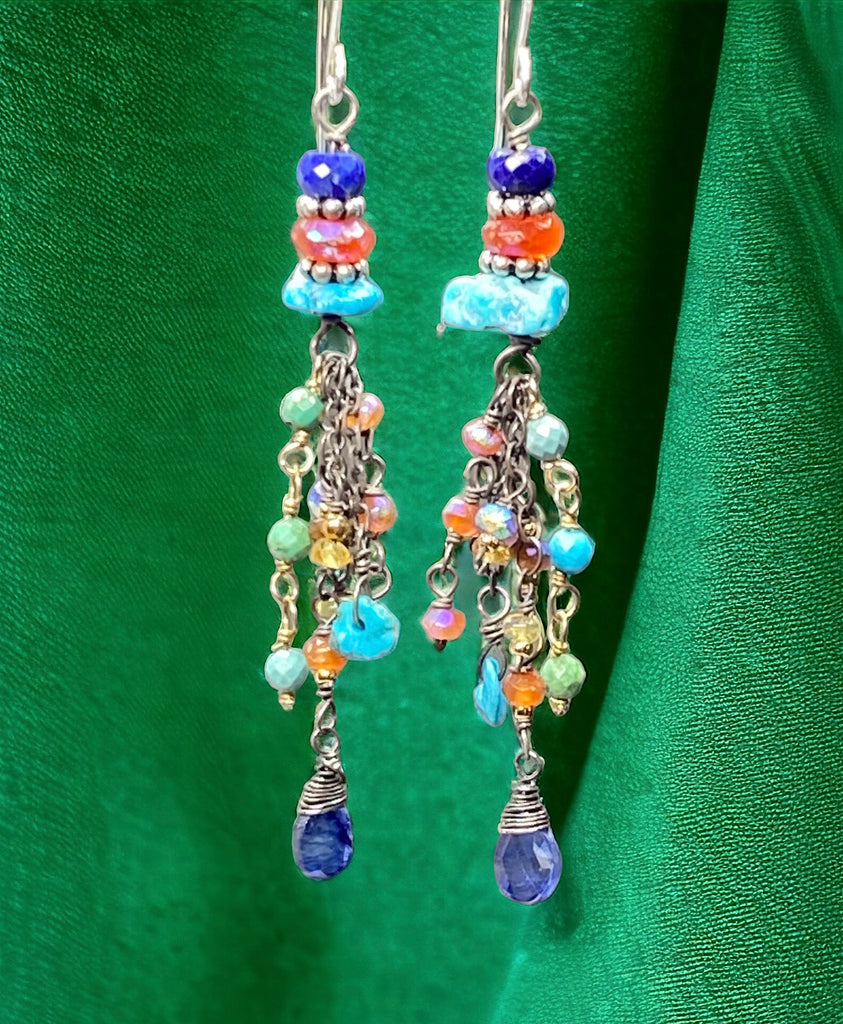 Multi Gemstone Gem Dangle Earrings, Tassel Style, Turquoise, Lapis, Carnelian, Sterling Silver