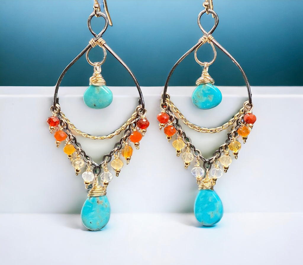 Turquoise Gemstone Mexican Fire Opal Mixed Metal Chandelier Earrings