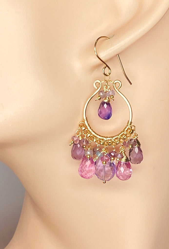 Gemstone Statement Chandelier Earrings in Pink, Lavender, Violet 2