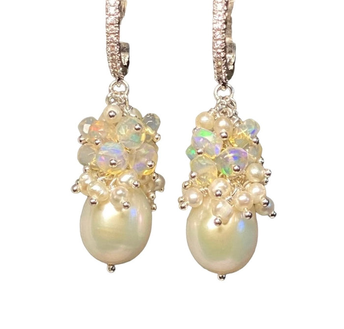 Pearl and Opal Cluster Earrings Sterling Silver