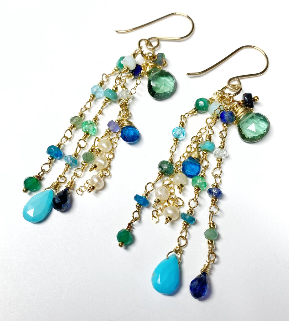 Blue Green Turquoise Multi Gemstone Dangle Earrings Gold Fill