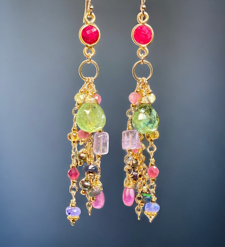 Green Tourmaline Colorful Gemstone Dangle Earrings in  Gold Fill