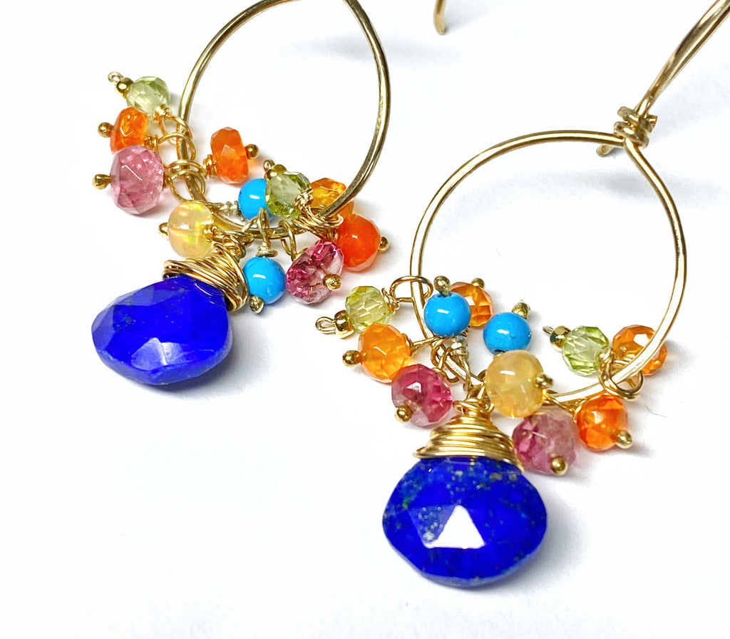 Mexican Fire Opal, Peridot, Opal and Blue Lapis Earrings Gold Fill