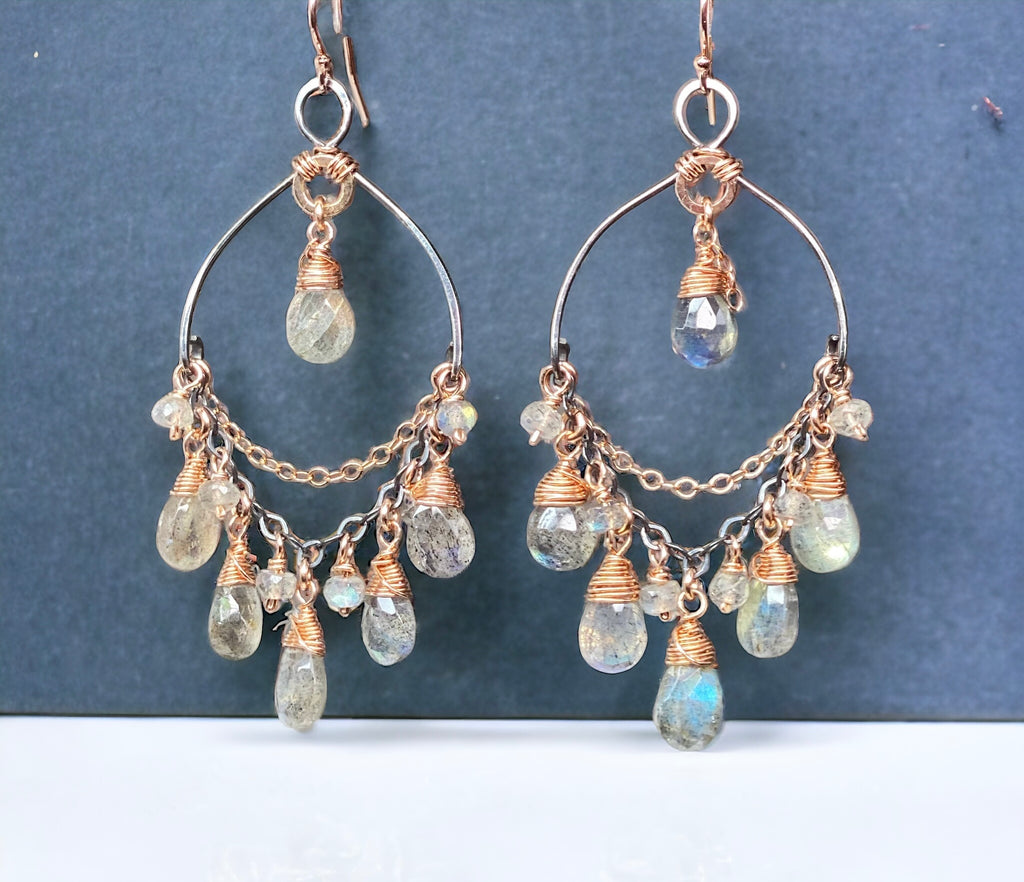 labradorite mixed metal coho chandelier hoop earings