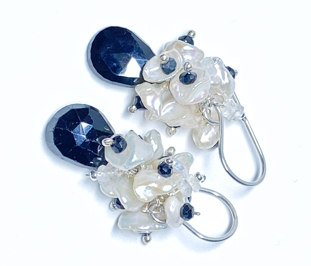 Black Spinel White Keishi Pearl Cluster Earrings