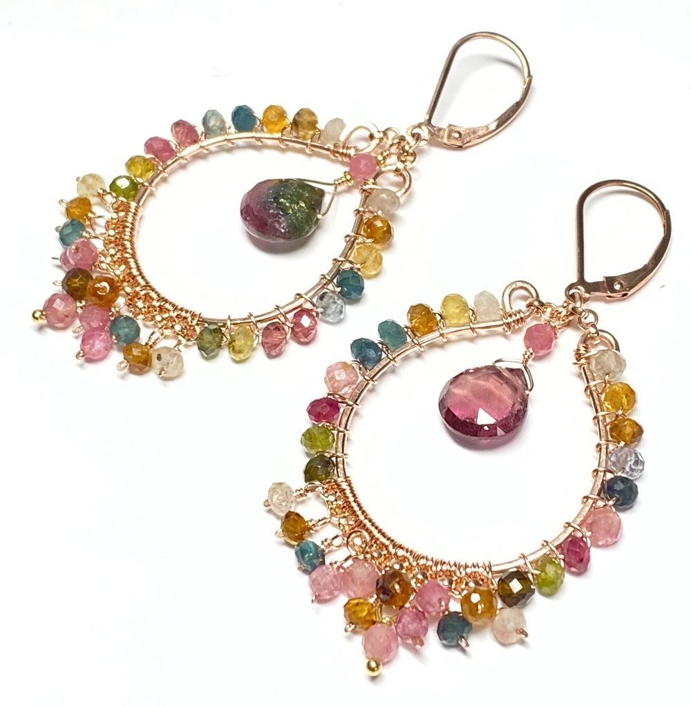 Tourmaline Rose Gold Hoop Chandelier Earrings