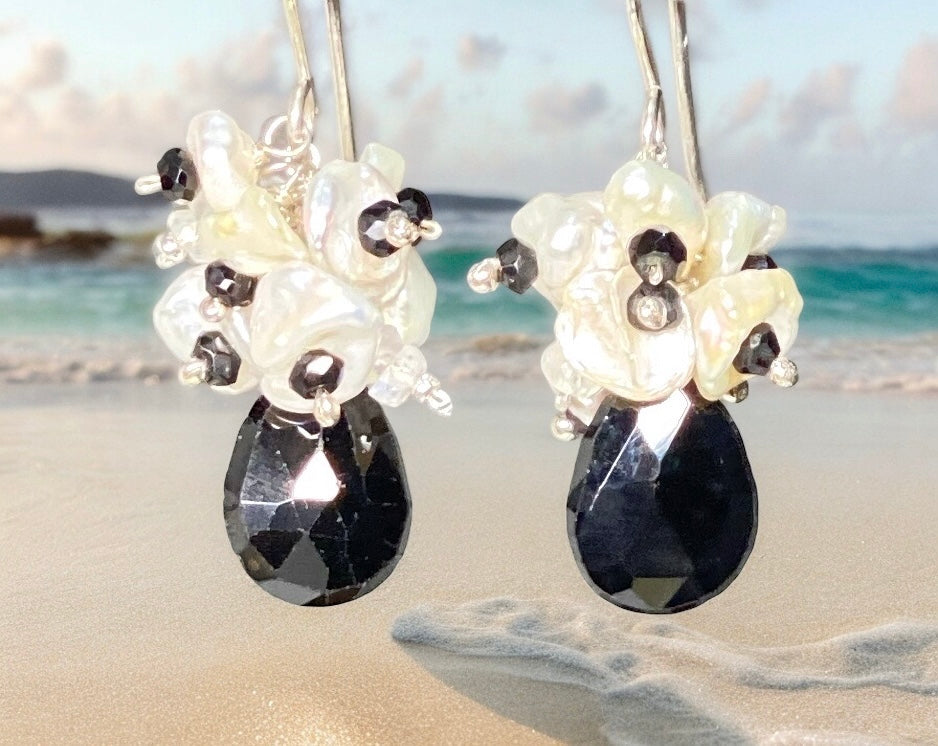 Black Spinel White Keishi Pearl Cluster Earrings