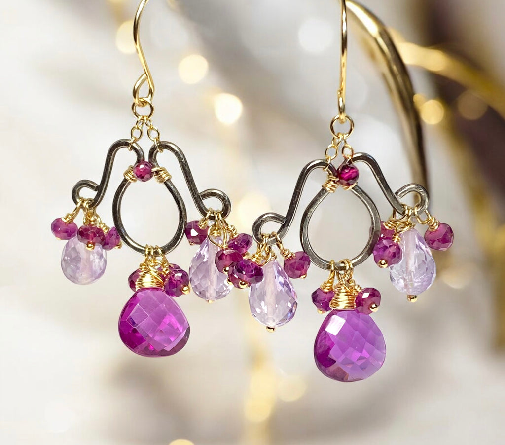 Mixed Metal Chandelier Earrings in Garnet, Pink Amethyst, Violet Quartz