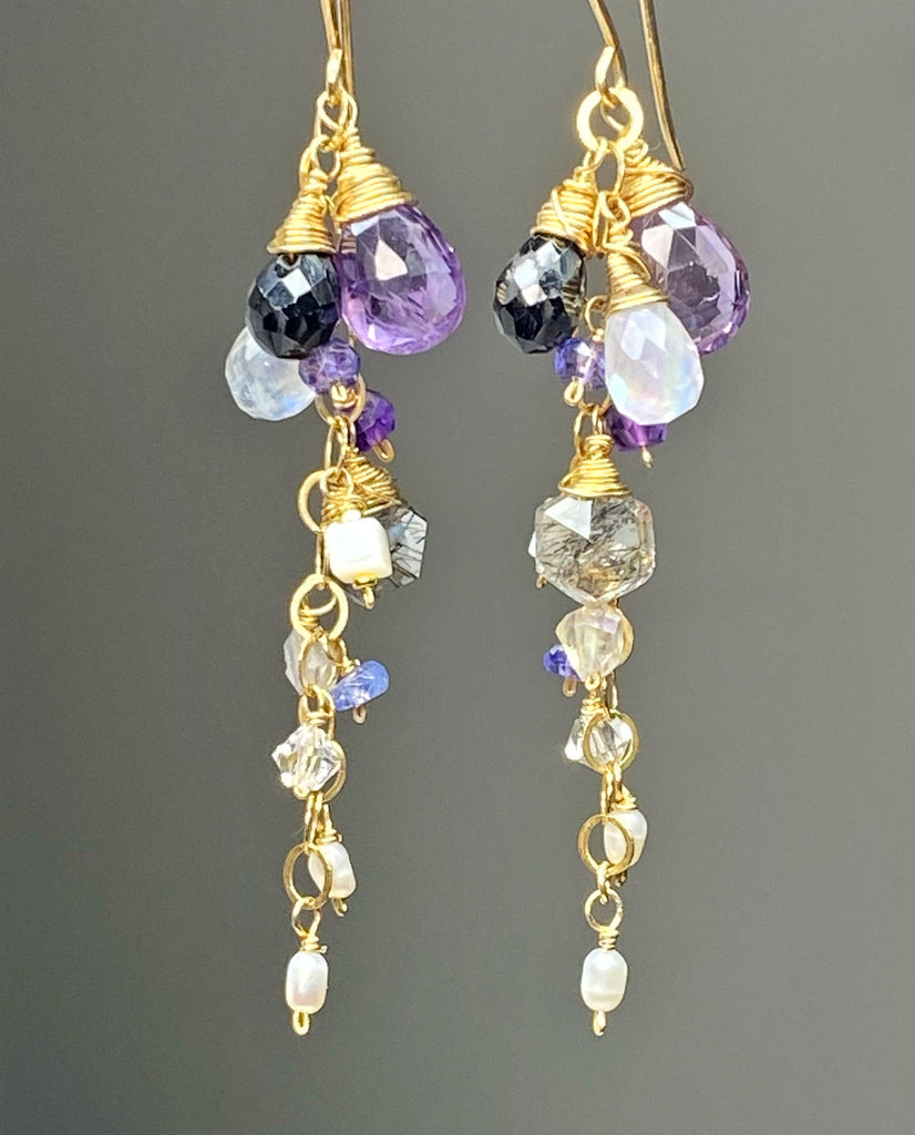 Amethyst Black Spinel Dangle Wire Wrap Moonstone Earrings 2