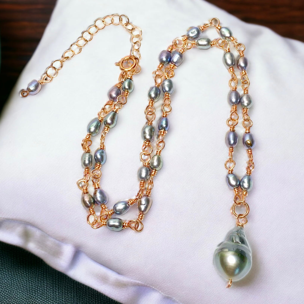 Tahitian Pearl Pendant Necklace Wire Wrapped Rosary Style Rose Gold Fill