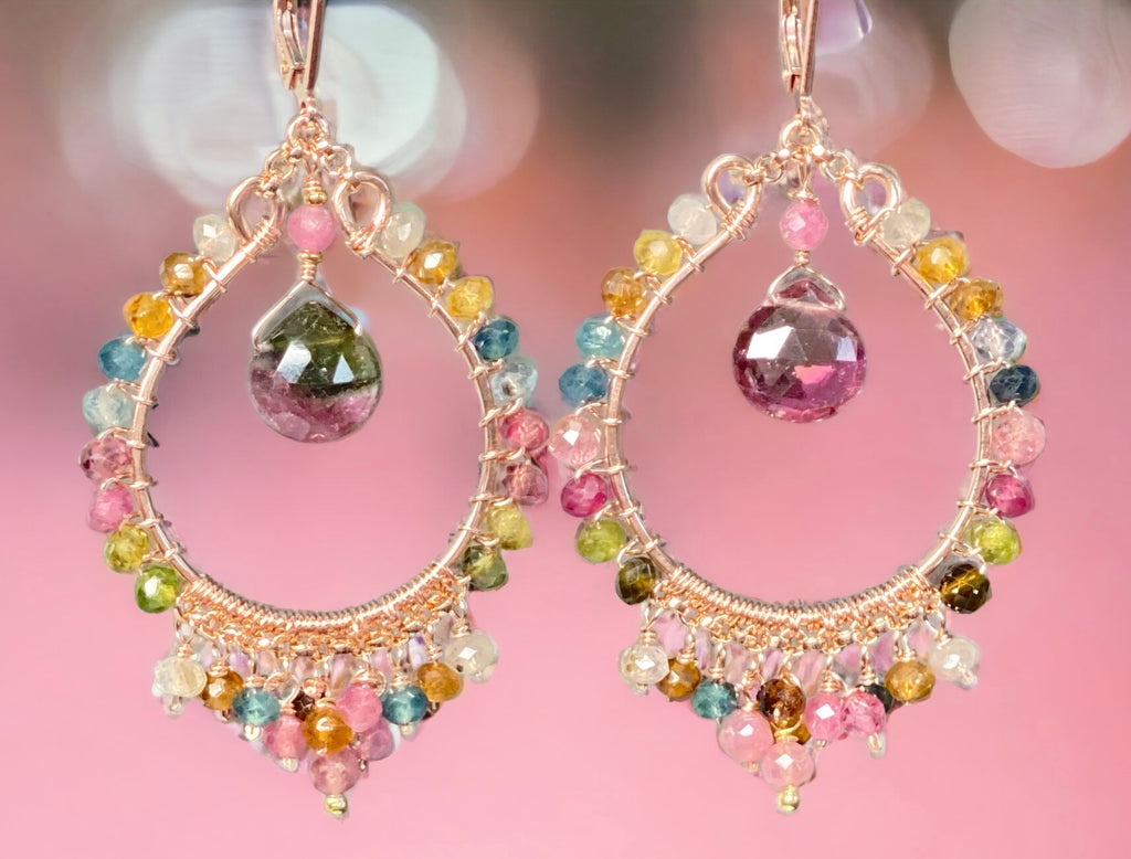 Tourmaline Rose Gold Hoop Chandelier Earrings